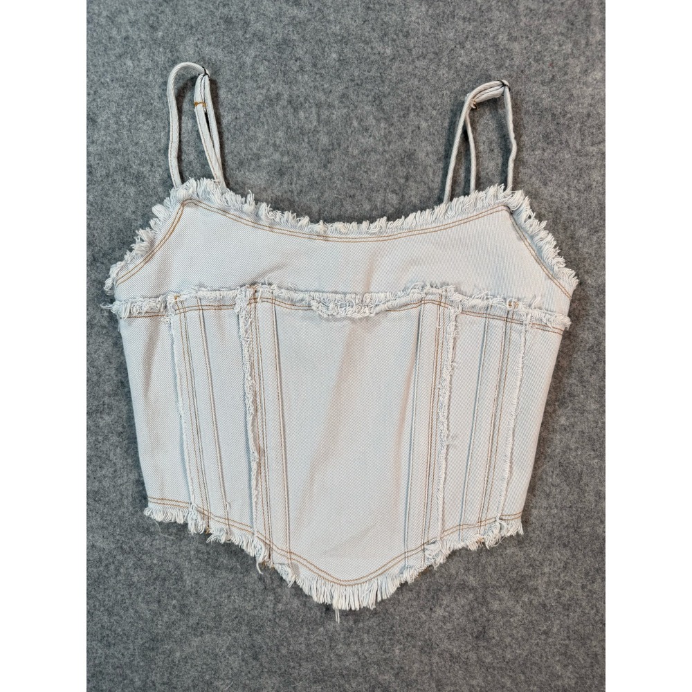 ee:some Light Wash Denim Frayed Corset Top Handkerchief Hem Small